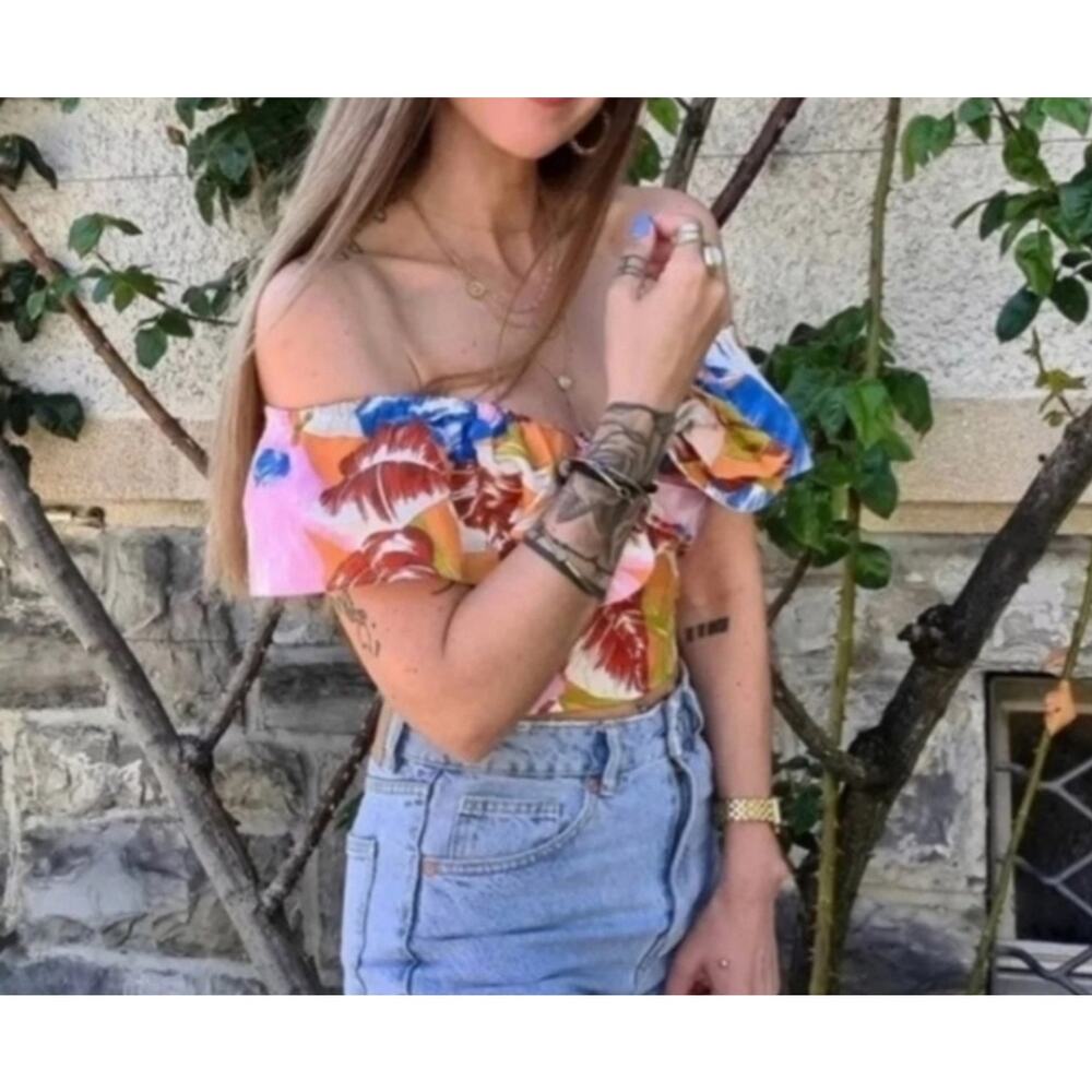 Zara Linen Fiesta Tropical Crop Top Size S Summer Beach Festival Vacation